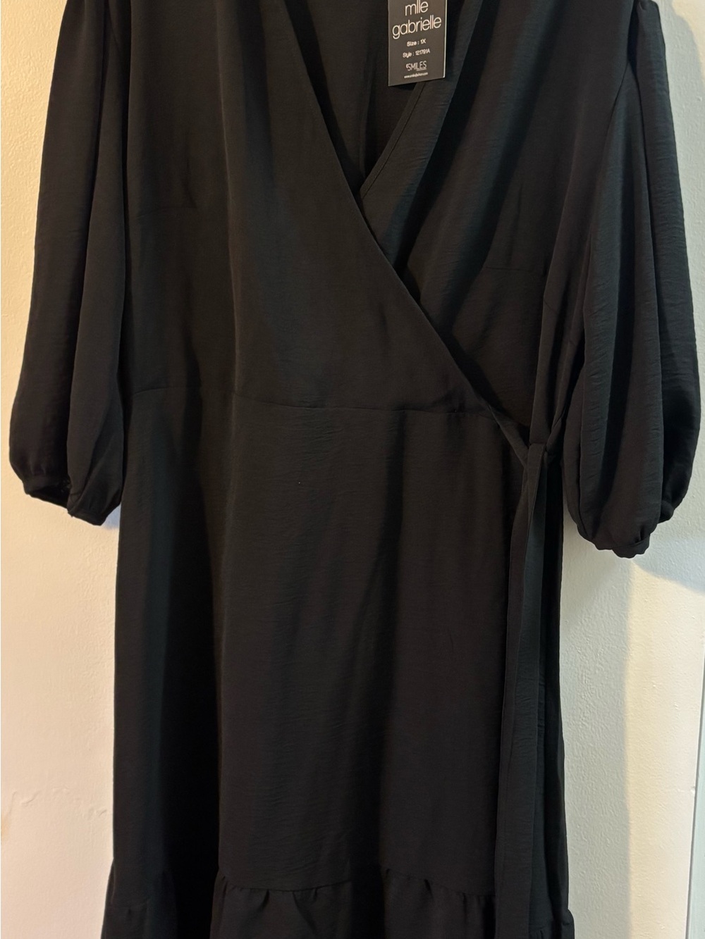 Mlle Gabrielle Black Wrap Dress with Balloon Sleeves